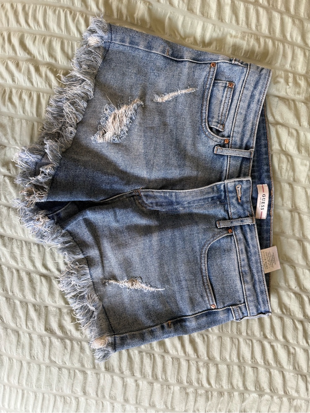 GUESS Light Wash Frayed Hem Denim Shorts